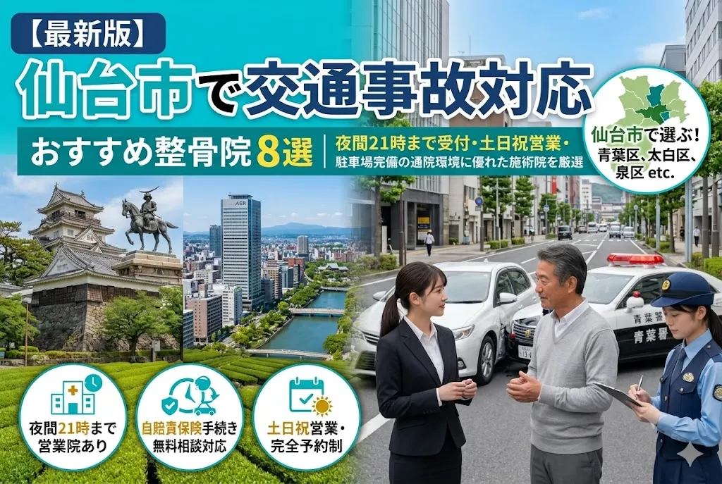 【2026年最新版】仙台市で交通事故対応の整骨院おすすめ8選｜夜間21時まで・土日祝受付・駐車場完備の優良院を厳選